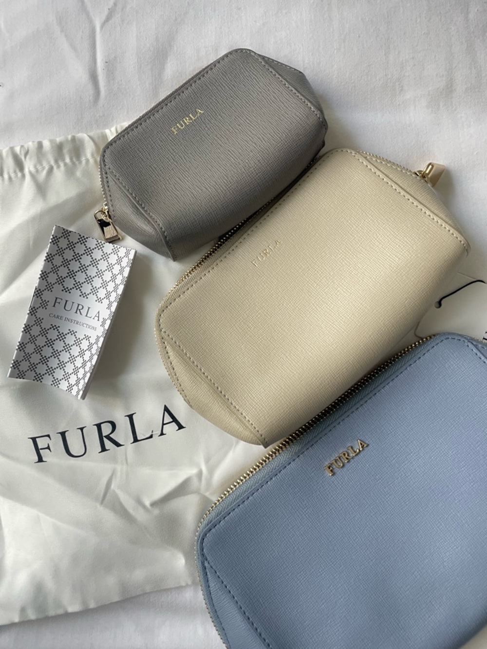 Furla Leather Cosmetic Pouch Trio in Gray, Cream & Blue NWT